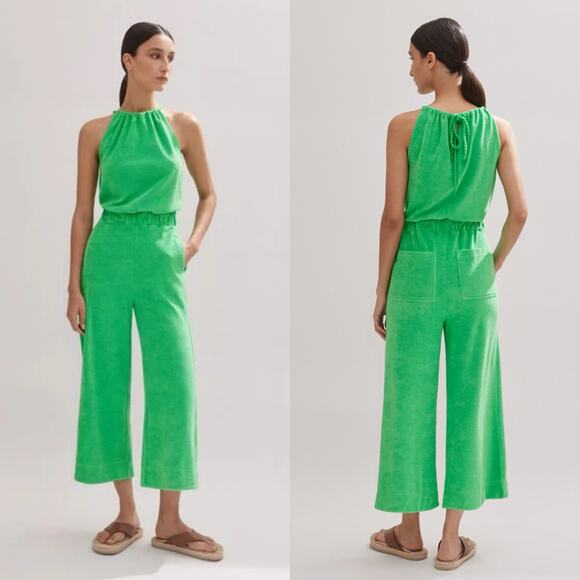 ME+EM Towelling Halterneck Jumpsuit Green 4 Terry Cloth Wide Leg Cropped Tank - Picture 1 of 11